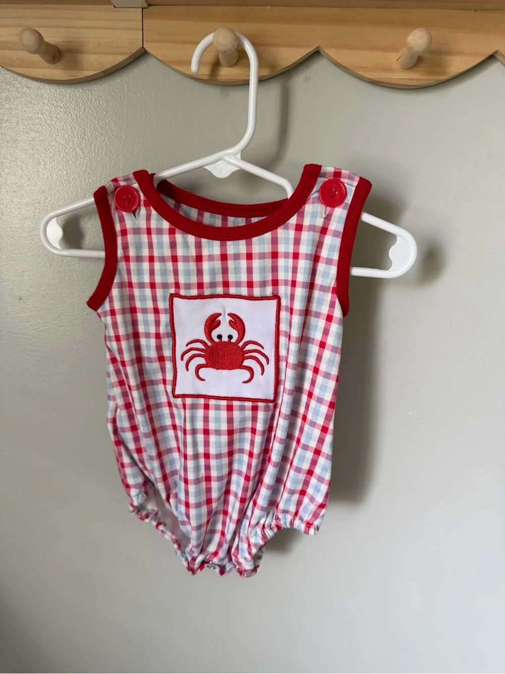 6-12M Red White Blue Gingham Crab Romper Sleeveless Snap One-Piece